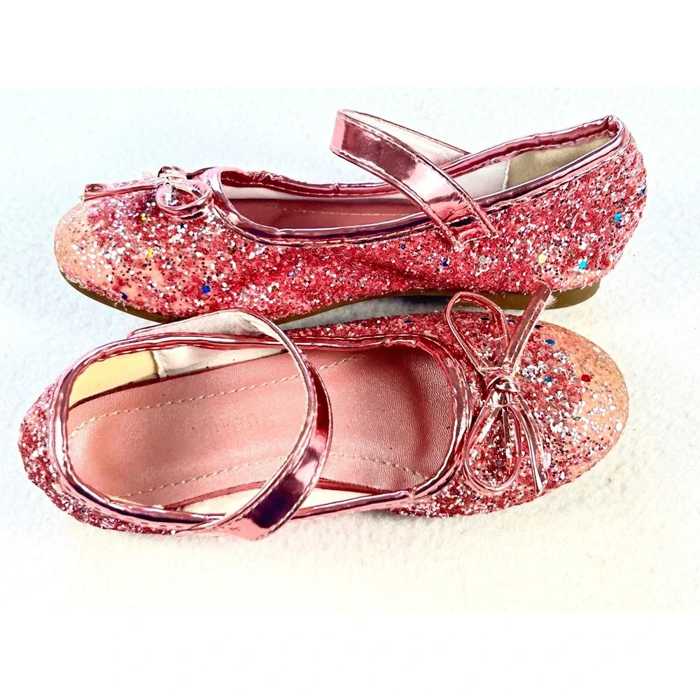 Jiaduowang Girls Pink Glitter Mary Jane Flats Bow Dress Shoes Size‎ 28 US 11